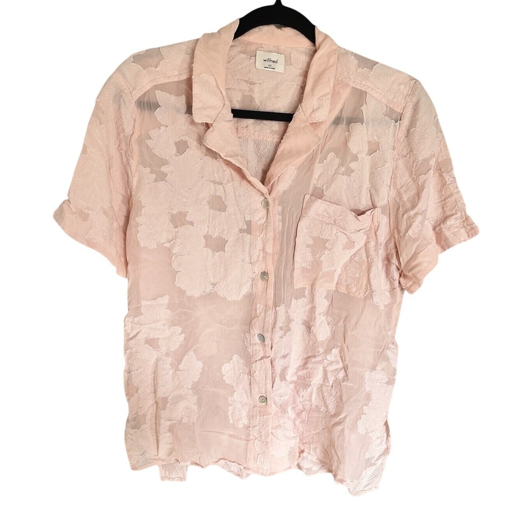 Aritzia Wilfred Atticus Shirt SZ XS Short Sleeve Button Up Sheer Floral Jacquard